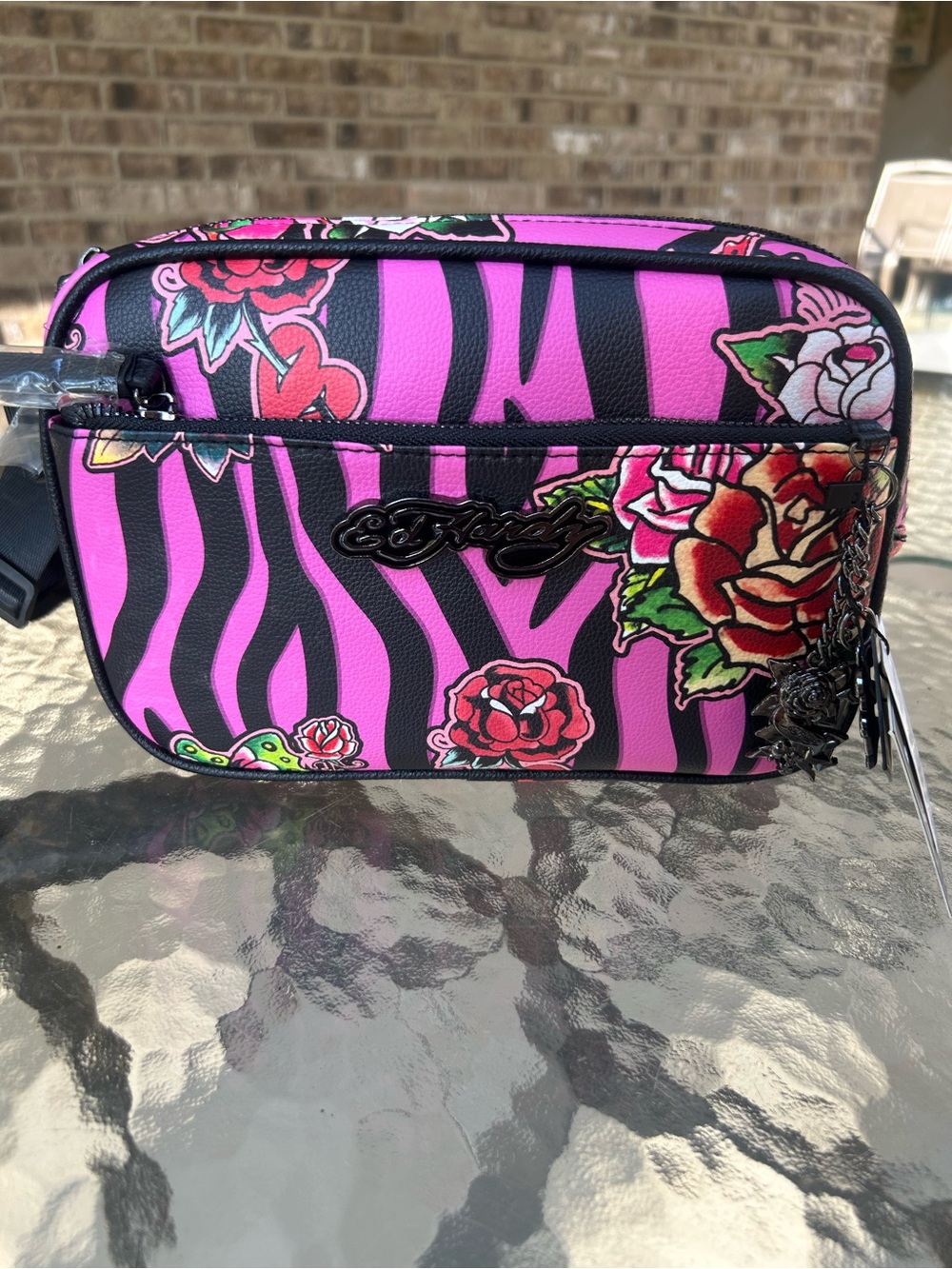 Ed Hardy Pink Zebra Rose Crossbody Belt Bag Y2K Charms MSRP $60